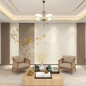新中式银杏叶阁楼简约禅意装饰电视背景墙纸客厅沙发卧室定制壁画