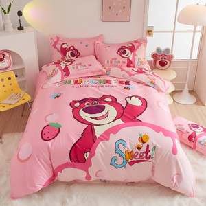 迪士尼全棉四件套草莓熊儿童床上用品纯棉卡通被套女孩床单三件套