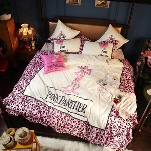60S长绒棉全棉卡通豹纹粉红顽皮豹床上用品床单被套四件套双人床