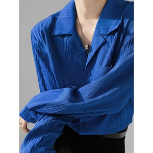 克莱因蓝衬衫男女秋季垂感古巴领帅气衬衣情侣百搭肌理感长袖坑条