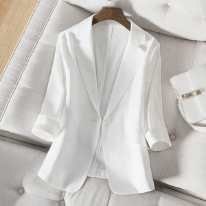 夏季白色天丝亚麻西装外套女薄款棉麻气质七分袖西服女上衣小个子