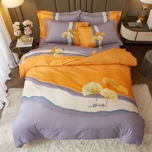 全棉田园简约床单四件套纯棉橘黄色加厚银杏树叶双人被套床上用品