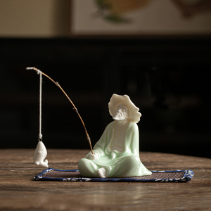 创意姜太公钓鱼翁小陶瓷人物家居摆件客厅鱼缸微景观假山流水装饰