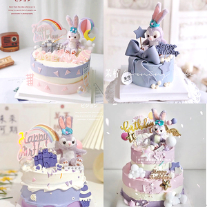烘焙蛋糕装饰 梦幻紫色毛绒兔可爱兔子彩虹生日蛋糕装饰摆件插件