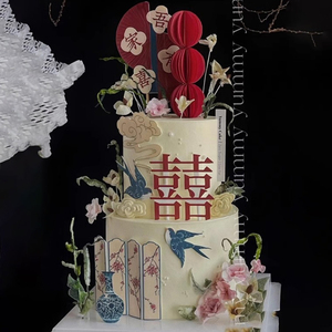 新中式结婚订婚蛋糕装饰吾家有喜喜鹊青花瓷情人节甜品台派对装扮