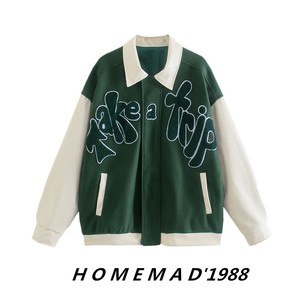 1988女装美式INS街拍棒球服蝙蝠袖宽松绿色植绒字母拼接毛呢外套