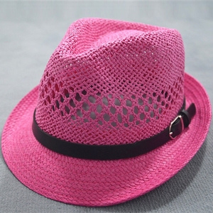 小礼帽气质爵士帽  手编镂空夏季草帽子 骚粉色皮扣英伦潮沙滩帽