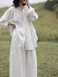 韩版秋季纯色高级宽松新款通勤透气慵懒风白色衬衫女棉麻舒适