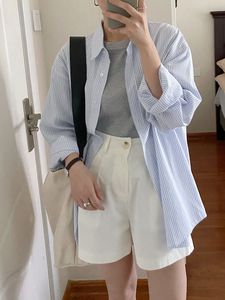 韩版蓝色条纹打底衬衫外套女装春季休闲宽松开衫衬衣法式长袖上衣