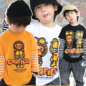日本bape童装儿童卫衣秋装新款加菲猫合作款男女童假两件长袖T恤