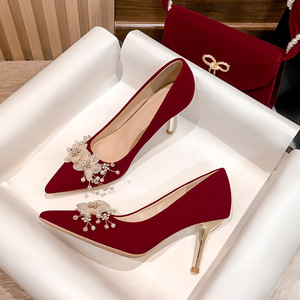 2022年新款红色高跟鞋女中式秀禾服新娘婚鞋礼服伴娘鞋法式婚纱鞋
