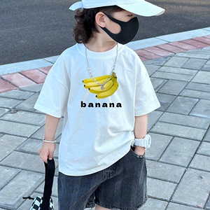 夏装美式复古绿色香蕉字母印花男童短袖t恤白色儿童上衣潮牌童装