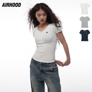 AIRHOOD 夏季修身纽扣V领大口正肩辣妹短款纯色短袖T恤上衣女ins