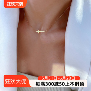 韩国流行14K黄金项链女 精致密密细链侧身链素金十字架彩金锁骨链
