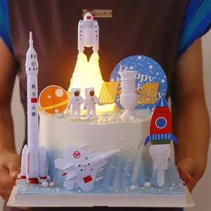 宇航员蛋糕装饰品摆件带灯火箭宇宙飞船航天飞机宝宝周岁星球插件