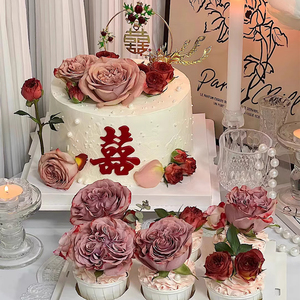 新中式婚礼甜品台蛋糕装饰插件铁艺圆环囍结婚订婚玫瑰花纸杯插牌