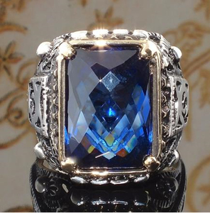 一航热卖复古泰银蓝宝石水晶戒指 经典方形雕花男士霸气指环