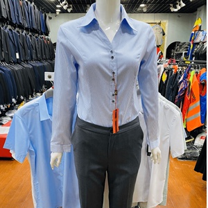 比利多美A87女士长袖衬衫蓝色精梳棉条纹V领工装面试职业装工作服