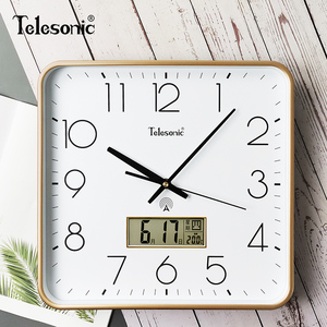 天王星电波挂钟客厅自动对时方形居家静音卧室壁钟日历挂表时钟表