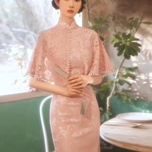 【桃锦】青春大码女装夏季淡粉色复古显瘦蕾丝斗篷旗袍连衣裙3222