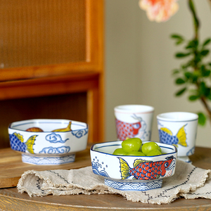 卢本斯日式陶瓷釉下彩八角碗家用汤碗手绘鱼碗早餐面碗高脚沙拉碗