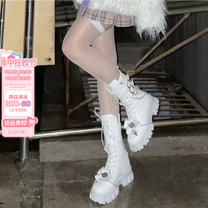 PINKYO原创公主风白色中长筒骑士靴女2024秋冬款平底时装马丁靴子