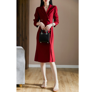 乄魅力醇酒红 旗袍改良版西装领连衣裙收腰显瘦气质双排扣鱼尾裙