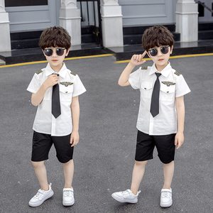 男童夏装套装儿童机长衬衣制服男宝宝衬衫表演服小童警察服演出服