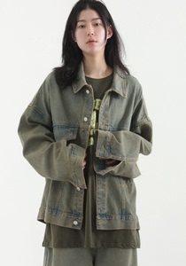 韩国代购23A/W vintage khaki cargo denim jacket 工装牛仔夹克