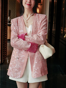 新贵系列新中式国风外套重工刺绣亮片设计东方美撞色丝绒西装粉色