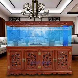 老榆木实木鱼缸中式精雕底柜鱼缸水族箱龙鱼缸大型超白玻璃鱼缸
