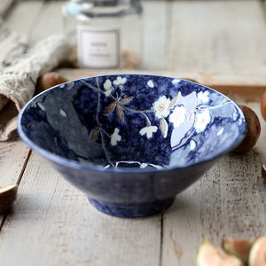 日本进口陶瓷餐具蓝樱花斗笠面碗汤碗日式和风拉面碗釉下彩精致