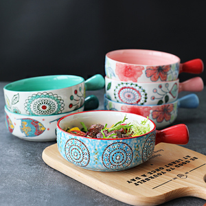 北欧家用创意陶瓷碗防烫手把碗烤碗焗饭碗水果沙拉面碗带把子餐具