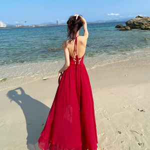 三亚泰国穿搭红色露背交叉沙滩长裙适合海边拍照度假连衣裙子超仙