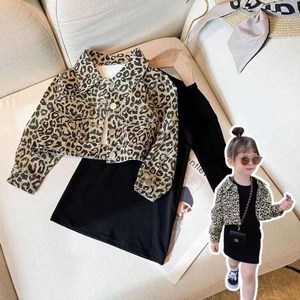 女童秋季套装2021新款儿童韩版长袖豹纹外套洋气针织连衣裙两件套