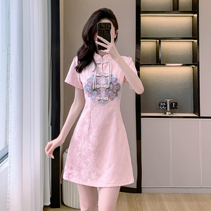粉色新中式连衣裙2024夏小个子短袖时尚盘扣收腰显瘦改良旗袍8790