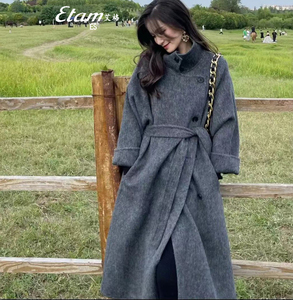 艾格ES韩版廓形宽松双面羊绒大衣女2024春季新款中长款羊毛呢外套