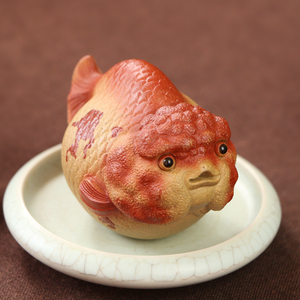 宜兴紫砂茶宠茶玩摆件雕塑名家手工鸿运当头精品可养可爱兰寿金鱼