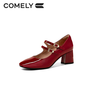 康莉2023年春季新款复古玛丽珍鞋红色珍珠漆皮高跟鞋粗跟单鞋女