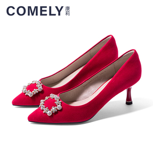 comely康莉商场同款春季新款细跟水钻方扣红色婚鞋高跟单鞋