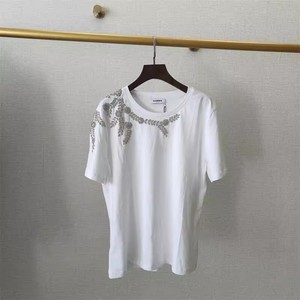 【现货发】SANDRO2023经典款女装圆领水钻装饰白色针织短袖棉T恤