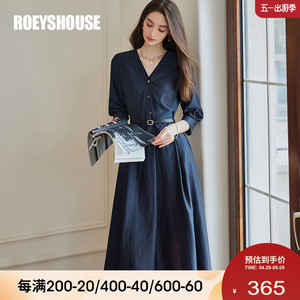 罗衣高级天丝收腰连衣裙女2024夏季新款时尚深蓝色V领大摆裙10149