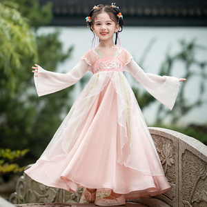 高端女童秋季汉服超仙齐胸襦裙儿童中国风飘逸刺绣花朵长袖公主裙