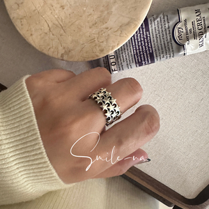 韩国进口小众设计925纯银齿轮六芒星星星立体镂空宽戒指时尚指环