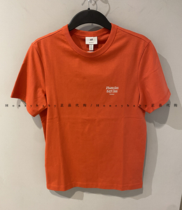 HM男装国内代购 橙红色字母印花宽松休闲版型棉质汗布圆领短袖T恤