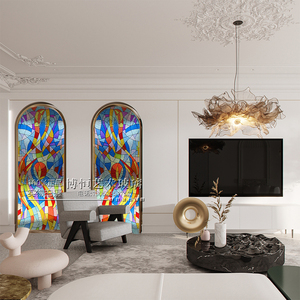 现代抽象钢化艺术玻璃 彩色玻璃吊顶 彩晶蒂凡尼教堂玻璃隔断玄关