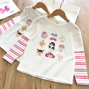 韩系洋气|女童假两件彩虹条拼接袖打底衫儿童纯棉卡通图案T恤24春