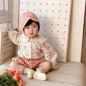 婴儿春装连体衣韩国童装女宝宝长袖三件套包屁衣服婴童套装配帽子