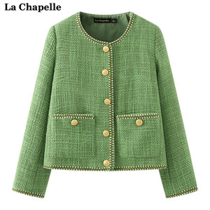 拉夏贝尔/La Chapelle春新款法式小香风绿色毛呢短外套女气质上衣