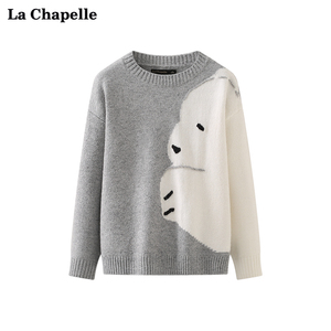 拉夏贝尔/La Chapelle圆领拼色卡通小熊套头针织上衣女套头毛衣冬